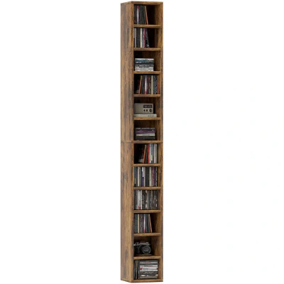 Image of HOMCOM 204 CD Storage Unit, DVD Tower with 12 Cubes, 175cm Tall Bookcase for Living Room, Home Office, Study Rustic Brown
