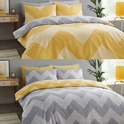 Image of Catherine Lansfield Chevron Geo Two Pack Easy Care Single Duvet Sets Grey/Ochre