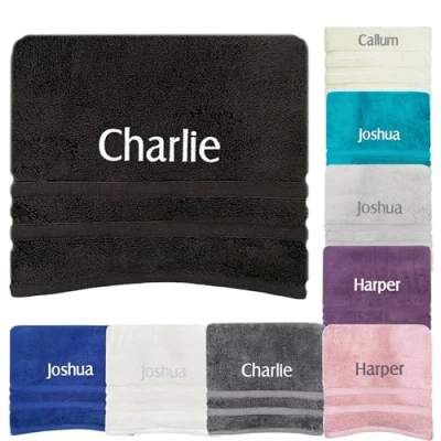 Image of JJLC Personalised Bath Hand Towels Sets Embroidered Name (Bath Towel, Black)