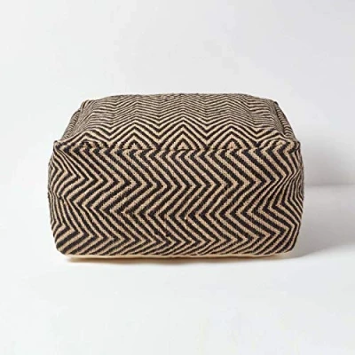 Image of Black and Cream Chevron Pattern Large Square Pouffe Homescapes