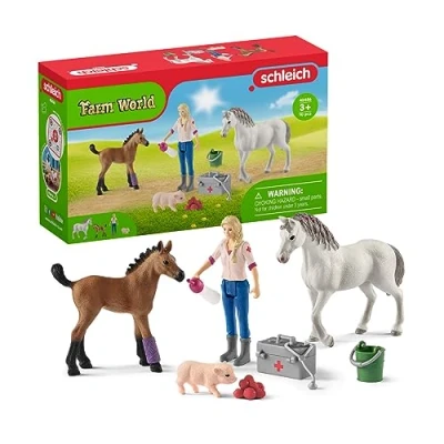 Image of schleich 42486 Farm World 9pc. Vet Visit Playset with Piglet, Mare, and Foal Horse Figurines Detailed Durable Playset, Fun Educational Animal Toys Gift for Kids Ages 3+