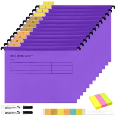 Image of A4 Suspension Files with Tabs and Card Inserts for Filing Cabinets (Pack of 12 Purple) Polypropylene Hanging Storage Folders &amp; Office Home School