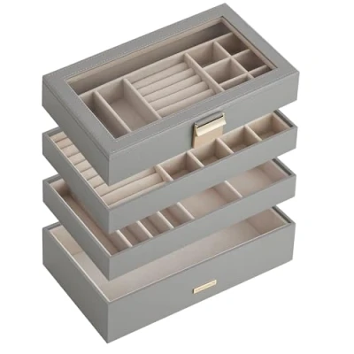 Image of SONGMICS Stackable Jewellery Trays, 4 Tier Box, Large Case, Clear Glass Lid, 17 x 28 18.3 cm, for Dressing Table, Gift Idea, Dove Gray JBC164G01
