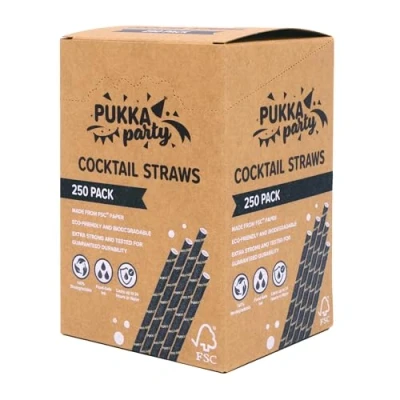 Image of PUKKA party Paper Cocktail Straws Pack of 250 Eco Friendly, Biodegradable Drinking Extra Strong Durability, Lasts up to 24 Hours in Water Counter Display Unit with Tear Away Top 14cm