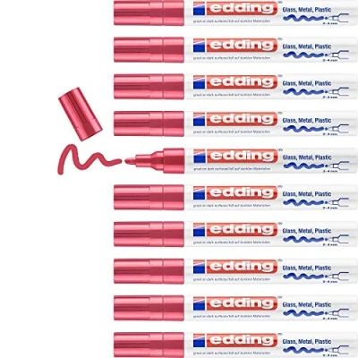 Image of edding 750 gloss paint marker red 10 markers round tip 2 4 mm pen for glass, pebbles, wood, plastic, paper waterproof, high coverage