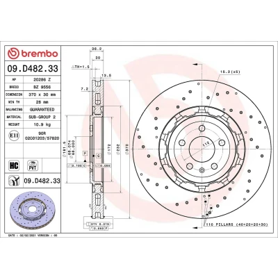 Image of 4K0615601A brake disc BREMBO 09.D482.33 370mm 30mm 5 two part disc, perforated/vented Coated High carbon AUDI: A7 Sportback, A6 C8 Avant, Q8