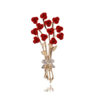 Image of LISADORE Rose Bouquet Brooch Elegant Red Flower Leaf Rhinestone Corsage Pin Fashion Trendy