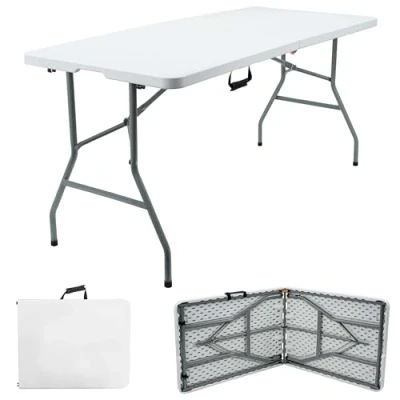 Image of Crystals White Folding Tables Durable Trestle for Indoor/Outdoor Use, Portable Foldable Plastic Dining, Camping, Garden, BBQ &amp; Events (Foldable, 5ft Table)