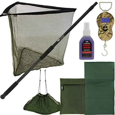 Image of 42&quot; Carp Fishing Net 2m Handle Screw Fix Unhooking Mat Weighing Sling &amp; Scale LCD Fish Aid Spray Deluxe Case Bundle