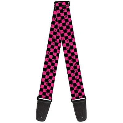Image of Guitar Strap Checker Weathered Black Neon Pink 2 Inches Wide
