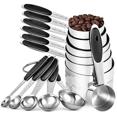 Image of Measuring Cups and Spoons Set: U Taste 18/8 Stainless Steel 12 Pieces Metal Stacking Kitchen Baking Cooking Food Measure Set 7 5 with Strengthened Weld Joints (Black, Upgraded Version)