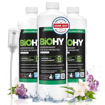 Image of BiOHY floor cleaner for mopping robots with a fresh spring scent (3 x 1l Bottle) + Dispenser cleaning agent concentrate all Foam free &amp; streak Sustainable