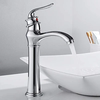 Image of Modern Mono Tall Basin Mixer Tap Solid Brass Bathroom Sink Taps Monobloc Chrome Counter Top Hot and Cold Faucet