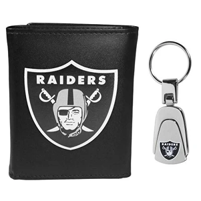 Image of Siskiyou Sports NFL Las Vegas Raiders Mens Tri fold Wallet &amp; Steel Key Chain, Black, One Size