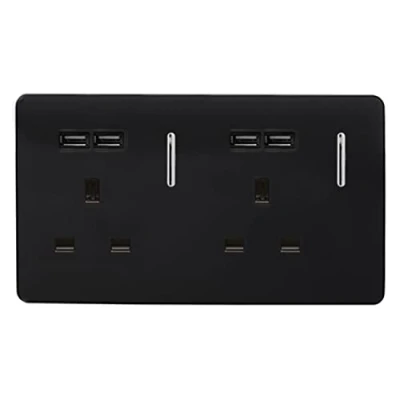 Image of Trendi 2 Gang Artistic Modern Glossy 13 Amp Short USB Switched Plug Socket Black ART SKT213USBBK