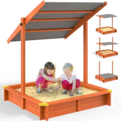 Image of Spielwerk® Max Sandpit with Roof 140 x cm Box Wood Impregnated Fill Level Scale UV 50+ Edge Protection Floor Fleece Sand Toy Children&#039;s Sandbox