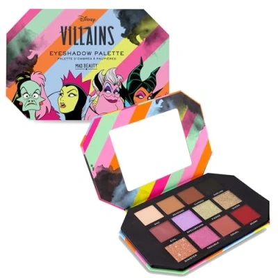 Image of Disney Villains Eyeshadow Palette, 12 Colour Shades &amp; Mirror Mad Beauty Cruella de Vil, Evil Queen, Ursula, Maleficent, Wicked Fun Gift,