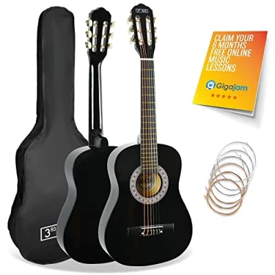 Image of 3rd Avenue 1/2 Size Kids Classical Guitar Spanish Nylon String Beginner Pack Bundle 6 Months FREE Lessons, Bag, Strings Black