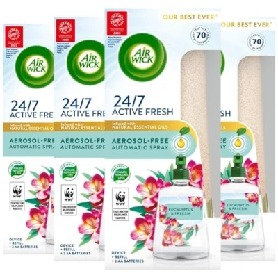 Image of Air Wick Aerosol Free Automatic freshener Spray Kit, Eucalyptus &amp; Freesia, 4 gadget Refill (228ml), 24x7 Active Fresh Odour Neutraliser, Lasts Up to 280 Days, For Home