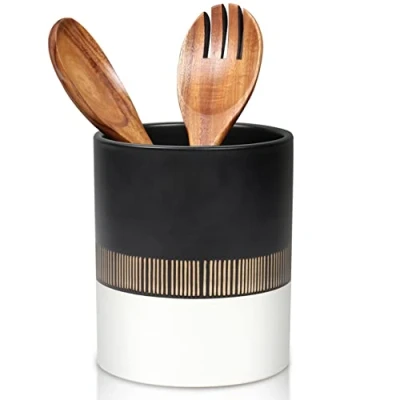 Image of Ceramic Utensil Holder for Countertop Kitchen Pot Jar Cutlery 13cmx15cm