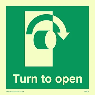 Image of Viking Signs SA403 S85 PV Right Down Arrow &quot;Turn To Open&quot; Sign, Photoluminescent Sticker, 85 mm H x W