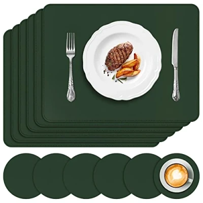 Image of APLKER Placemats and Coasters Set of 6, Heat Insulation PU Leather Table Mats Waterproof Washable Dining Place for Kitchen Indoor Outdoor Party Dark Green