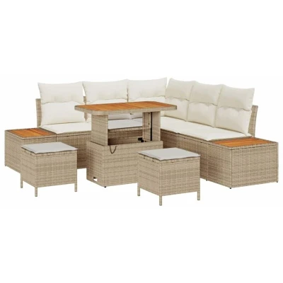 Image of vidaXL 8 Piece Garden Sofa Set with Cushions Beige Poly Rattan Acacia