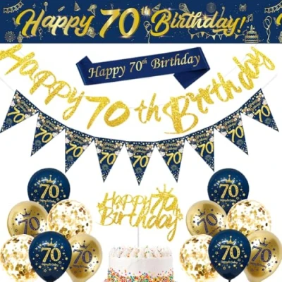 Image of 70th Birthday Decorations Men,Blue Gold Happy Banner,70th Balloons,Bunting Flags,Sash,Cake Toppers for Men Women Blue Party Supplies