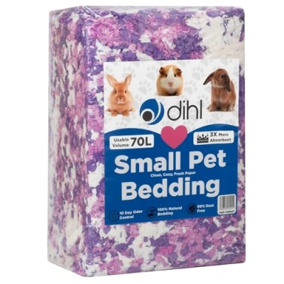 Image of Dihl 70 Litre, Purple, Pink &amp; White, Super Absorbent Paper Bedding for Small Animals. Absorbs 6 Times its Weight in Liquid. Hamster, Mice, Rat, Rabbit, Guinea Pig Gerbil Cage Substrate 70L