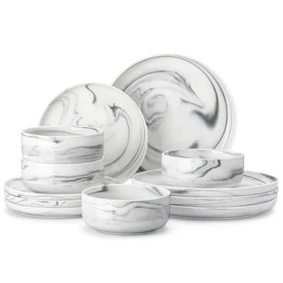Image of MALACASA Dinner Set for 4, 12 Pieces Porcelain Plates and Bowls Sets Marble Grey Dinnerware Chip Resistant Crockery Ceramic Dish Set, Series Luna