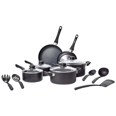 Image of Amazon Basics 15 Piece Non Stick Cookware Set, Black