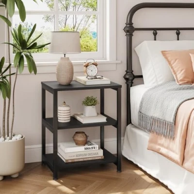 Image of Dripex Black End Table, 3 Tier Narrow Nightstand, Bedside Table with Steel Frame, Slim Coffee Small Spaces, Storage Sofa Side for Living Room, Bedroom or Office