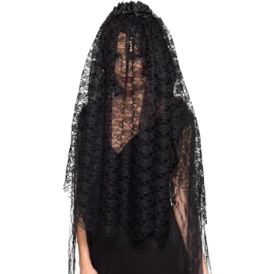 Image of Smiffys Black Widow Veil, with Flowers, Halloween Fancy Dress Accessory, Up Hats