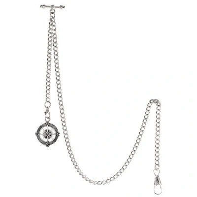 Image of TREEWETO Men&#039;s Albert Chain Pocket Watch Curb Link Key 2 Hooks with Antique Compass Silver Pendant Design Charm Fob T Bar