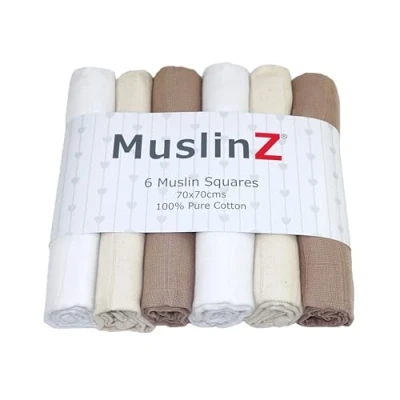 Image of MuslinZ 6 pack Muslin Squares Baby Burp Cloths 70x70cms Perfect for Newborns, multi use, Oeko Tex standard 100, UK brand. (Taupe Combo, Pack)
