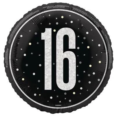 Image of Unique 87382 Foil 16th Balloon 45 cm Glitz Black Birthday Party 1 Count (Pack of 1)