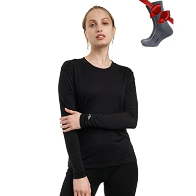 Image of Merino.tech Merino Wool Base Layer Women 100% Lightweight Long Sleeve Thermal Shirts + Socks (Large, 165 Black)