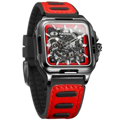 Image of FORSINING Men&#039;s Waterproof Skeleton Stylish Watch Automatic Steampunk Self Winding Silicone Strap Luminous Square Wrist (4 Red)