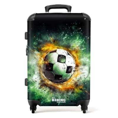 Image of NoBoringSuitcases.com® Children&#039;s Luggage Kids Suitcase for Boys Large Hard Shell 26 28 inch Football with Flames Green on Wheels 23kg
