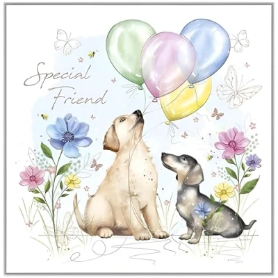 Image of Noel Tatt Special Friend Female Birthday Card Labrador, Dachshund and Balloons Eco Friendly Recyclable