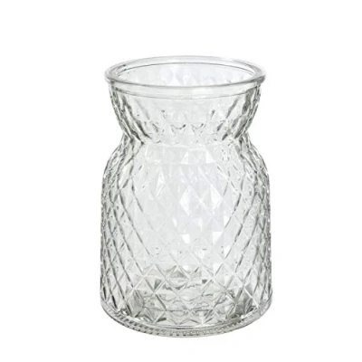 Image of Small Modern Shaped Vase Lattice Texture Glass Bud or Stem Flower 13cm x 9cm Pastel Pink Green (Clear)