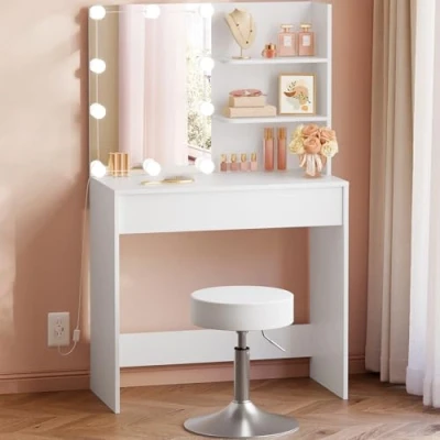 Image of WOLTU Dressing Table with Stool, Adjustable Height, Vanity Desk LED Lights, 3 Colours, White Make up Drawer and 2 Open Shelves, Modern Bedroom Furniture, MB6113ws