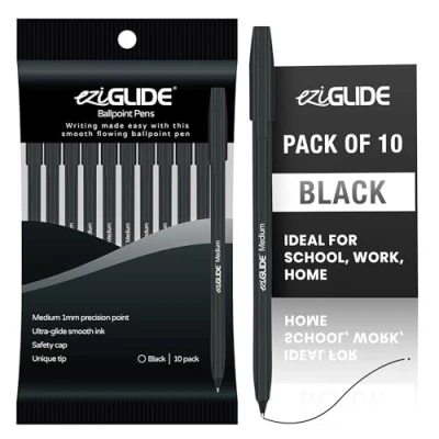 Image of Eziglide Ballpoint Black Pen, Pack of 10 Pens, Smooth Writing Action Medium Point 1.0mm Coloured Pens Multipack Ball Ideal for School, Home or Work Stationery Supplies