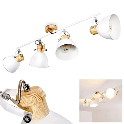 Image of Banjul Ceiling lamp, Metal lamp in White/Wood Look, 4 Flame, with Adjustable spotlights, x E27 Socket, Retro/Vintage Design spot, Bulbs not Included