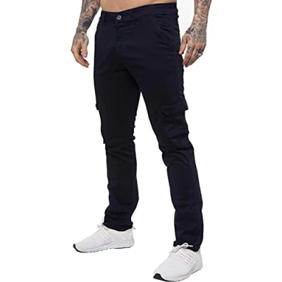 Image of Ze ENZO Jeans Mens Cargo Combat Trousers Chinos Slim Fit Cotton Stretch Work Pants Navy 36R