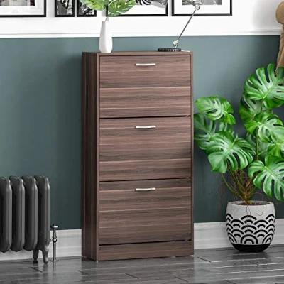 Image of Vida Designs 3 Drawer Shoe Cabinet Cupboard Storage Organiser Pull Down Wooden Furniture Wood Unit, Walnut