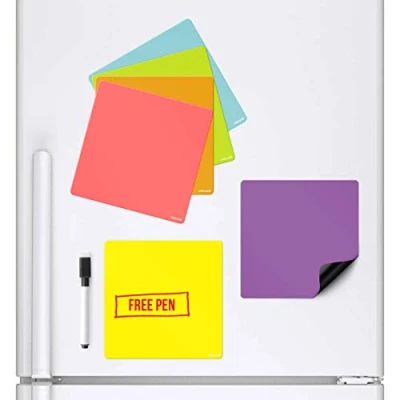Image of CKB LTD Pack of 6 Coloured Squares Magnetic Whiteboards that stick To your fridge Dry Wipe Planner Magnet Signage Sheet With Marker &amp; Pen Colourful Kitchen Notice Large Daily Menu Shopping Do List