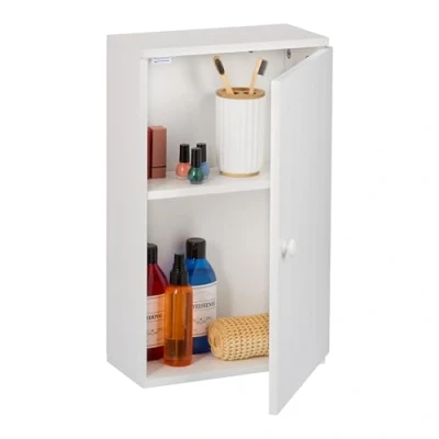 Image of Relaxdays Bathroom Wall Cabinet, with Door, 2 Adjustable Shelves, HxWxD: 50 x 30 15.5 cm, Storage Cupboard, White, Plastic, Fibreboard