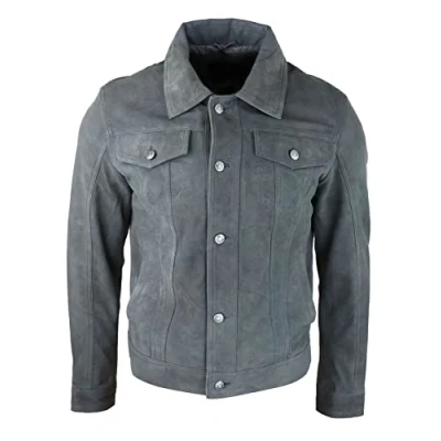Image of TruClothing Mens Genuine Suede Jacket Leather Jeans Denim Short Biker Classic Vintage Grey 3XL