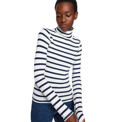 Image of Trendyol Women&#039;s Striped Long Sleeve Slim Blouse, Navy, XS